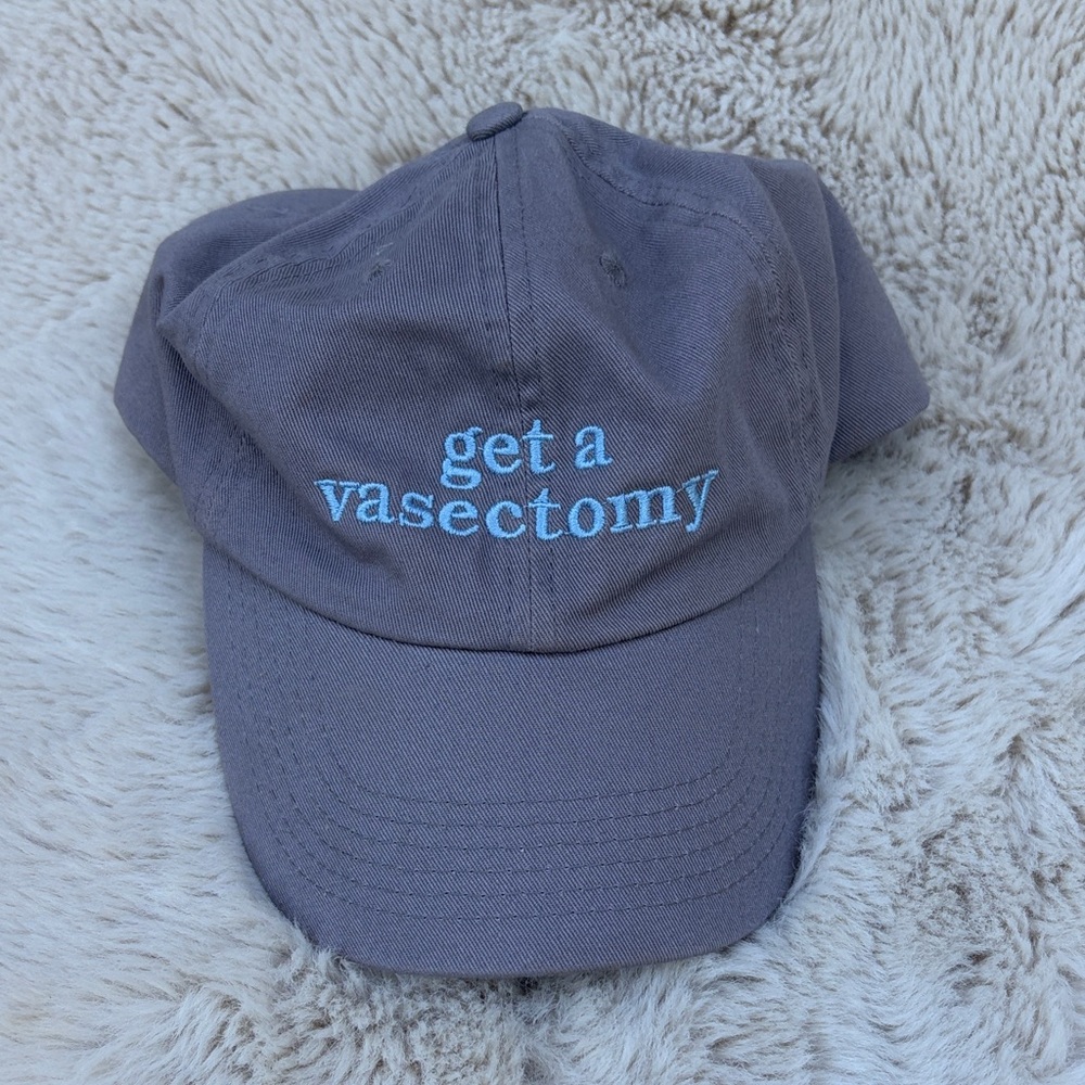Embroidered 'get a vasectomy' Dad Cap - Gray with Light Blue Text